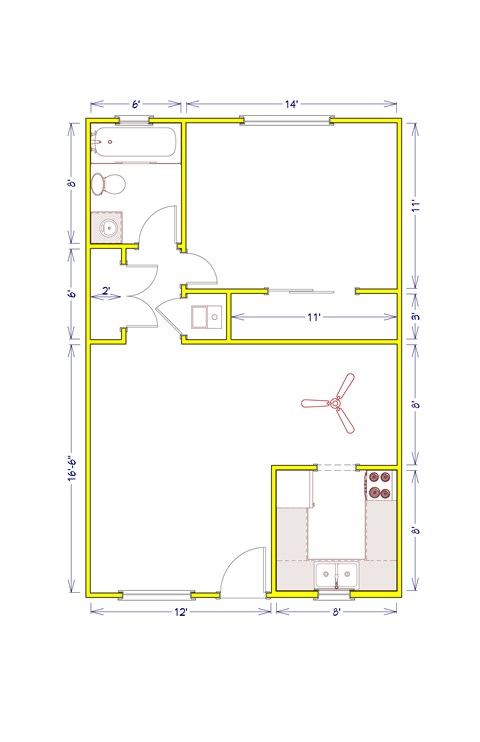 Floor plan for 1 bed, 1 bath, 650 sqft